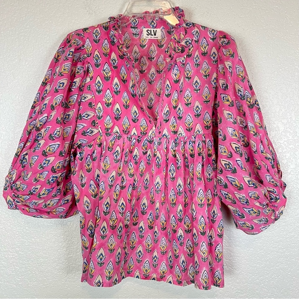 Sur La Vague Women's Pink Floral Puff Sleeve Flowy Ruffle Neck Blouse Small - Picture 3 of 12